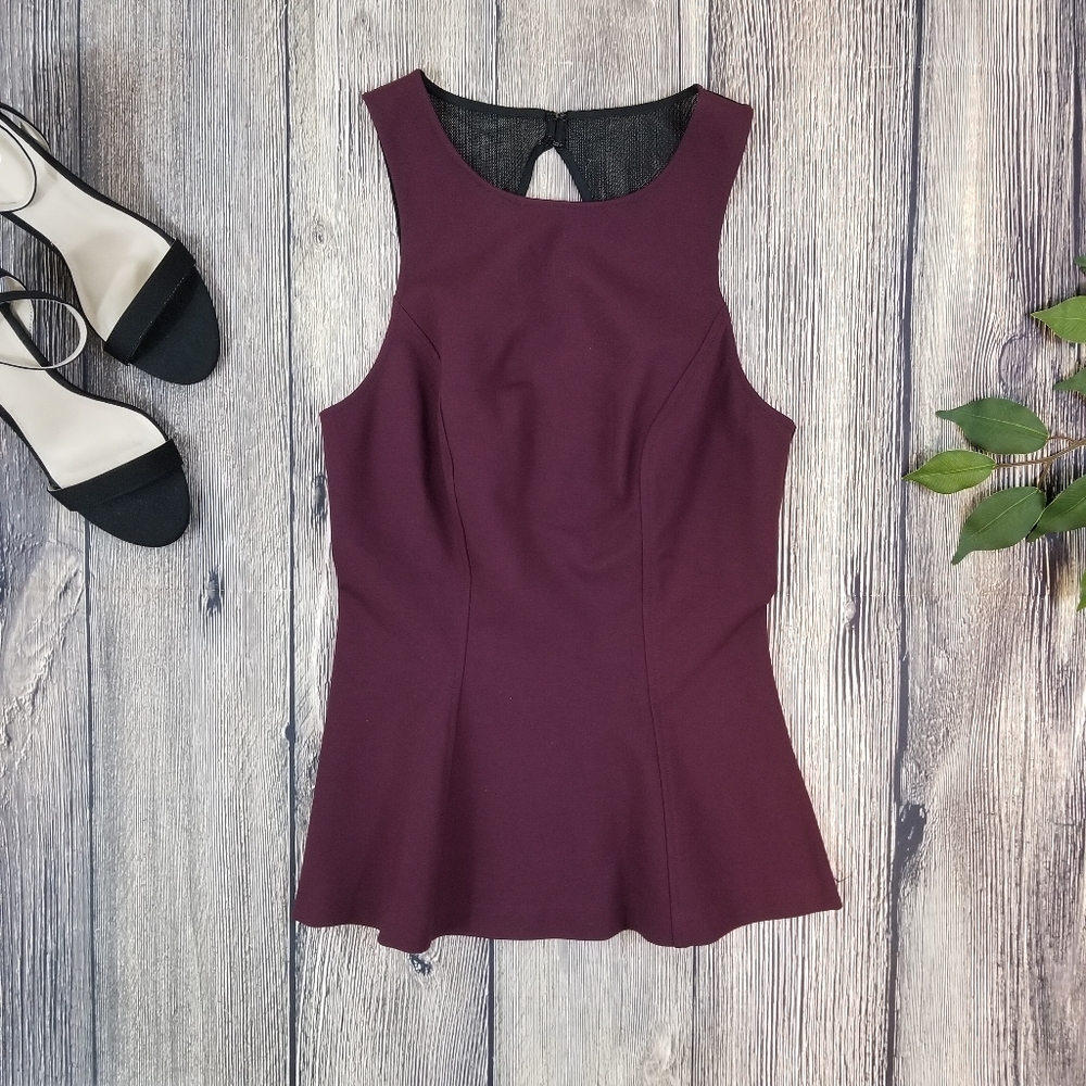 Intermix Burgundy Scoop Neck Mesh Zip Up Back Tank Top Blouse
